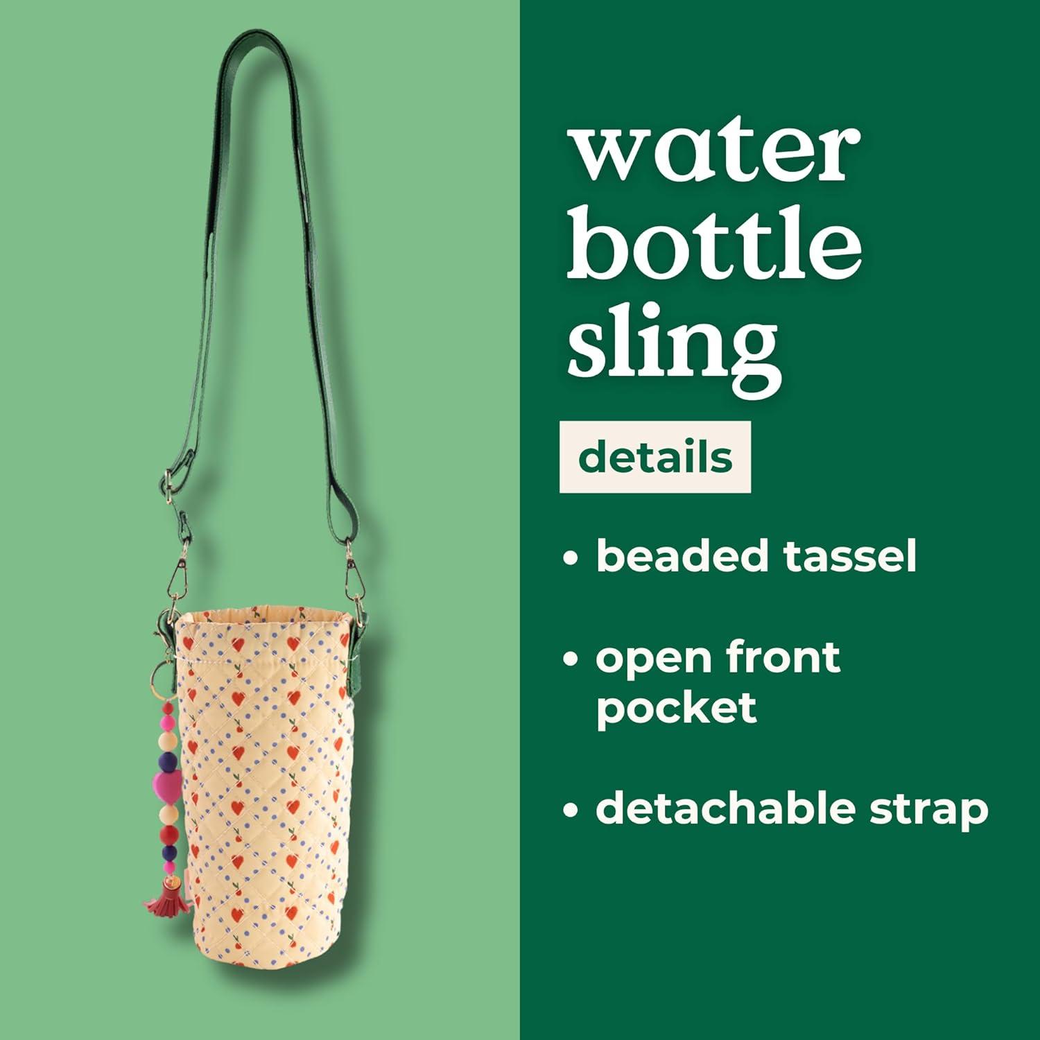imagebando Quilted Bottle Holder Bag Water Bottle Bag Crossbody with Adjustable Sling and Open Front Pocket Cherry Hearts