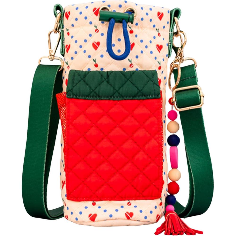 imagebando Quilted Bottle Holder Bag Water Bottle Bag Crossbody with Adjustable Sling and Open Front Pocket Cherry Hearts