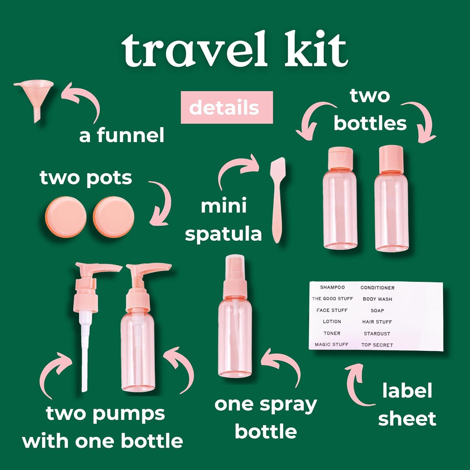 imagebando Travel Kit with 4 Plastic Bottles 2 Pots Label Sheet Accessories and PVC Zipper Pouch Squeaky Clean
