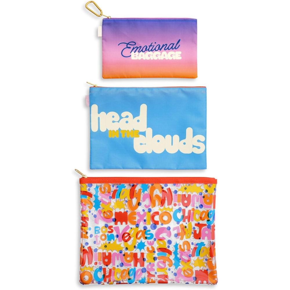 imagebando Travel Bags Carryall Trio Nylon Bag Set Waterproof Bag 3 Zip Pouches for Pencils Toiletries or Accessories Head in the CloudsMulticolor