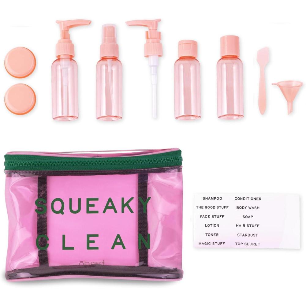 imagebando Travel Kit with 4 Plastic Bottles 2 Pots Label Sheet Accessories and PVC Zipper Pouch Squeaky Clean