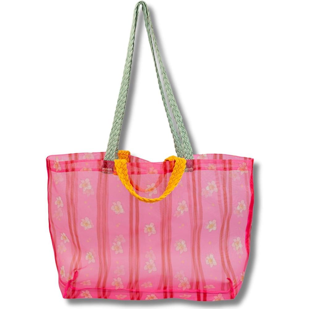 imagebando Large Mesh Market Bag Mesh Travel and Beach Bag with Braided Double Straps Floral Stripe