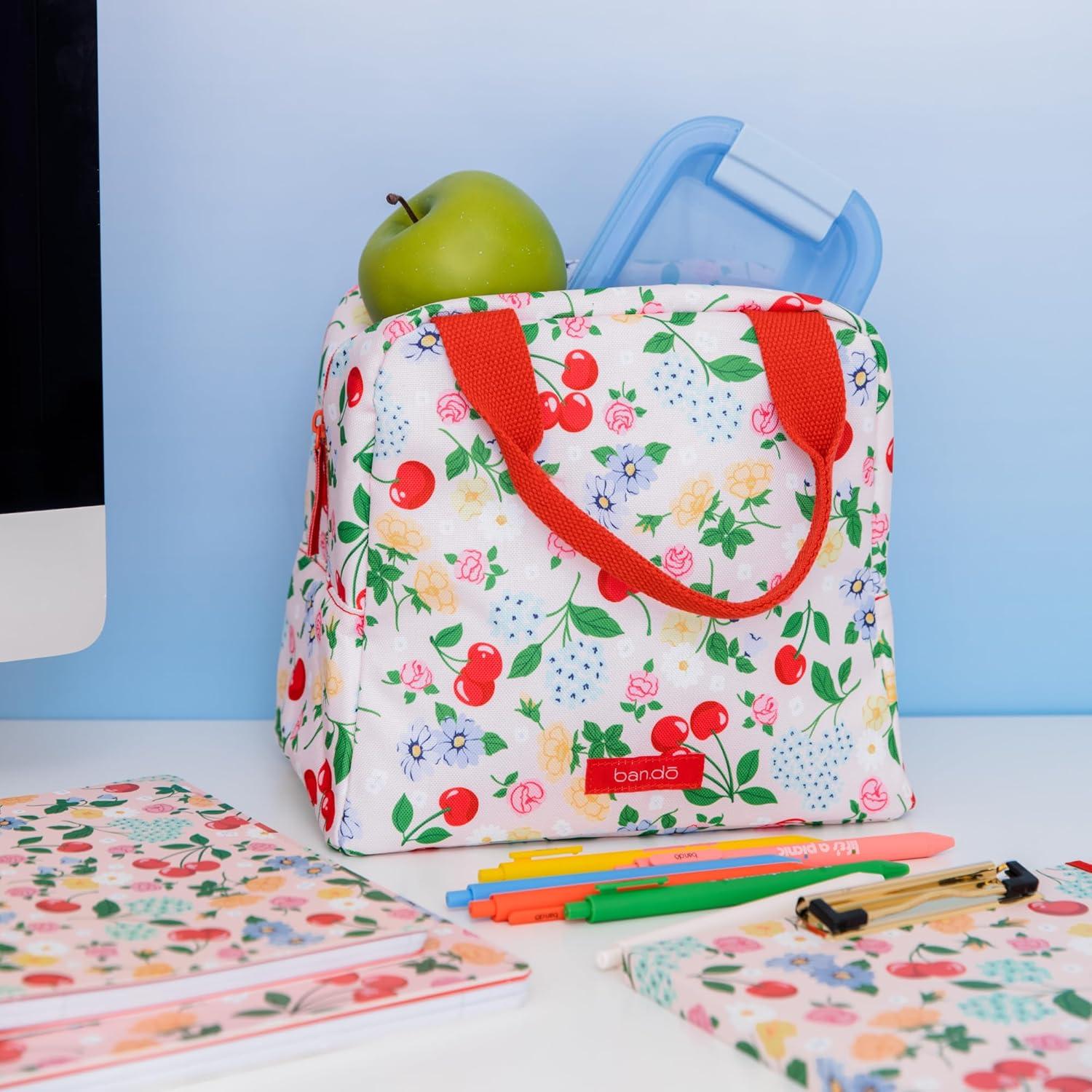 imagebando Cooler Lunch Bag for Adults Insulated Bag with Zipper ampamp Pocket Soft Sided Lunch Tote Cute Portable Lunch Bag Flowers and Fruit