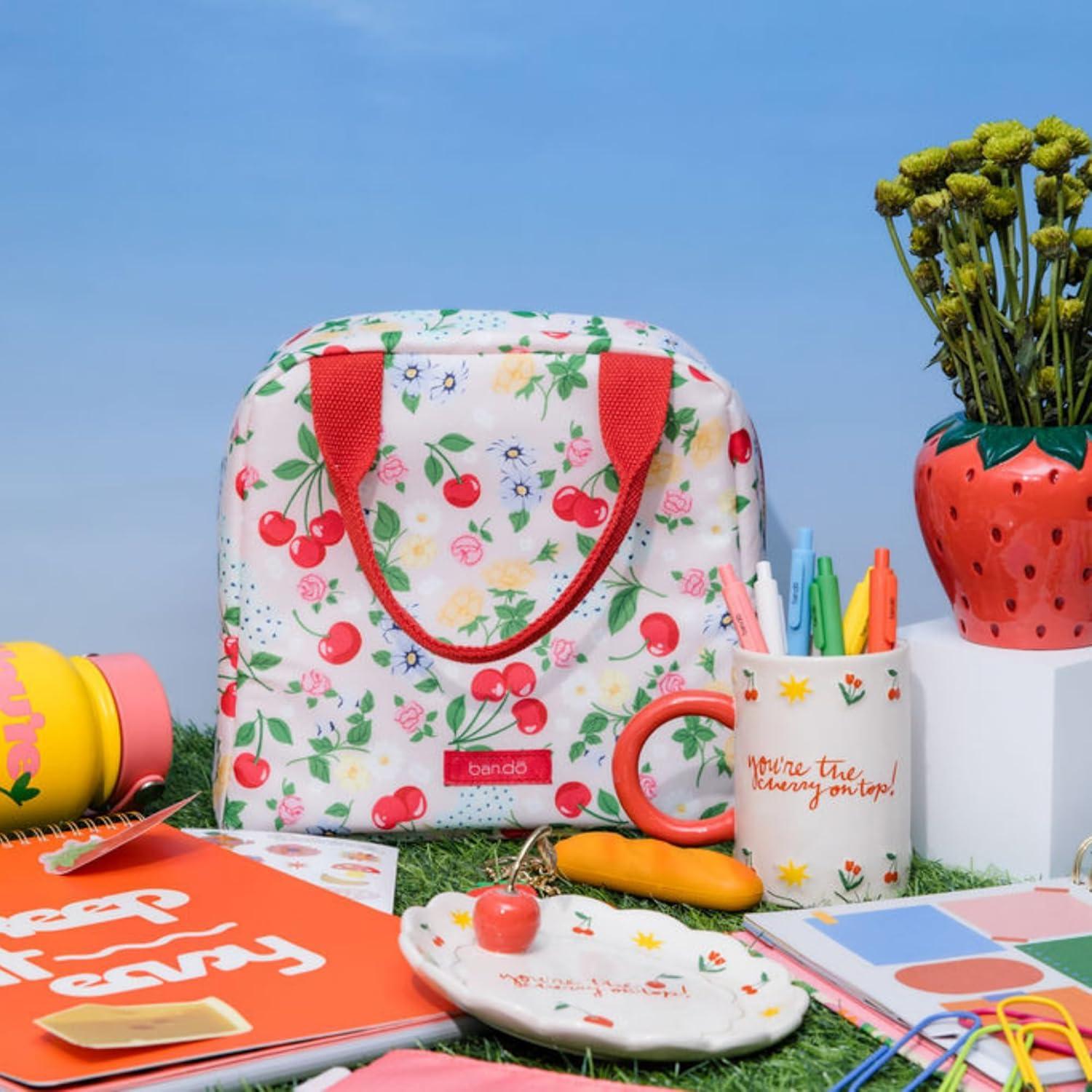 imagebando Cooler Lunch Bag for Adults Insulated Bag with Zipper ampamp Pocket Soft Sided Lunch Tote Cute Portable Lunch Bag Flowers and Fruit