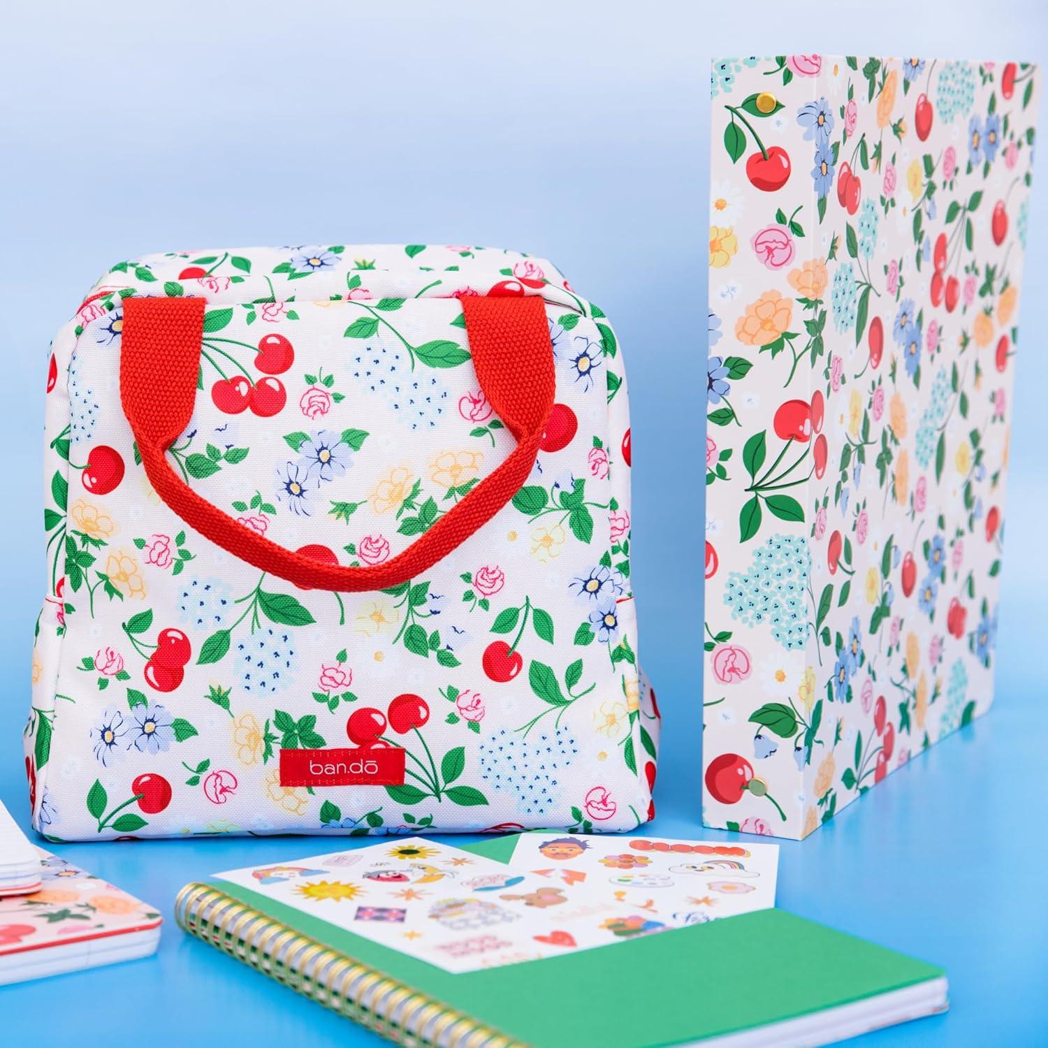 imagebando Cooler Lunch Bag for Adults Insulated Bag with Zipper ampamp Pocket Soft Sided Lunch Tote Cute Portable Lunch Bag Flowers and Fruit