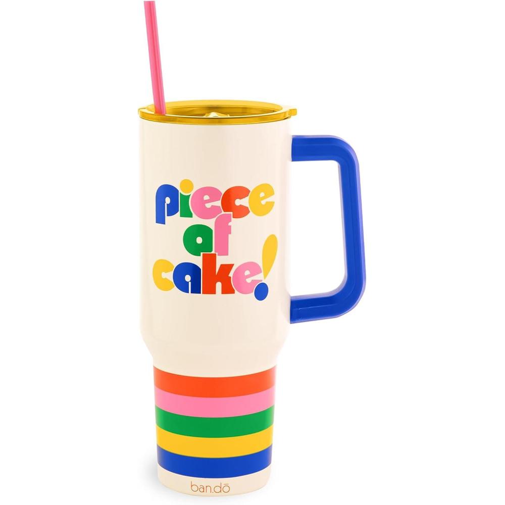 imagebando 40 Ounce Tumbler with Handle and Straw Double Walled Insulated Tumbler Stainless Steel Travel Mug Cupholder Friendly Large Tumbler Piece of CakePiece of Cake