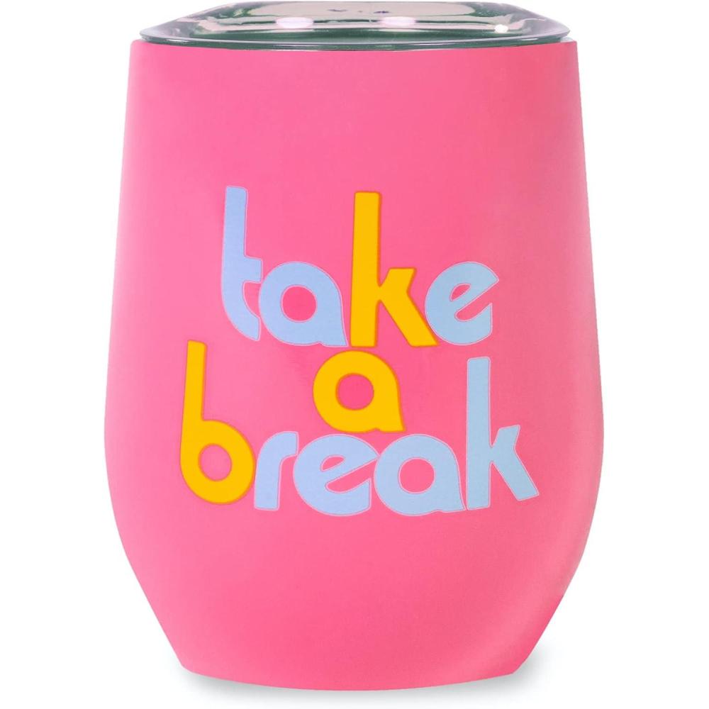 imagebando Wine Tumbler with Lid 12 Oz Insulated Cup Pink Stainless Steel Double Wall Tumbler Stemless Wine Glass Take a BreakTake a Break