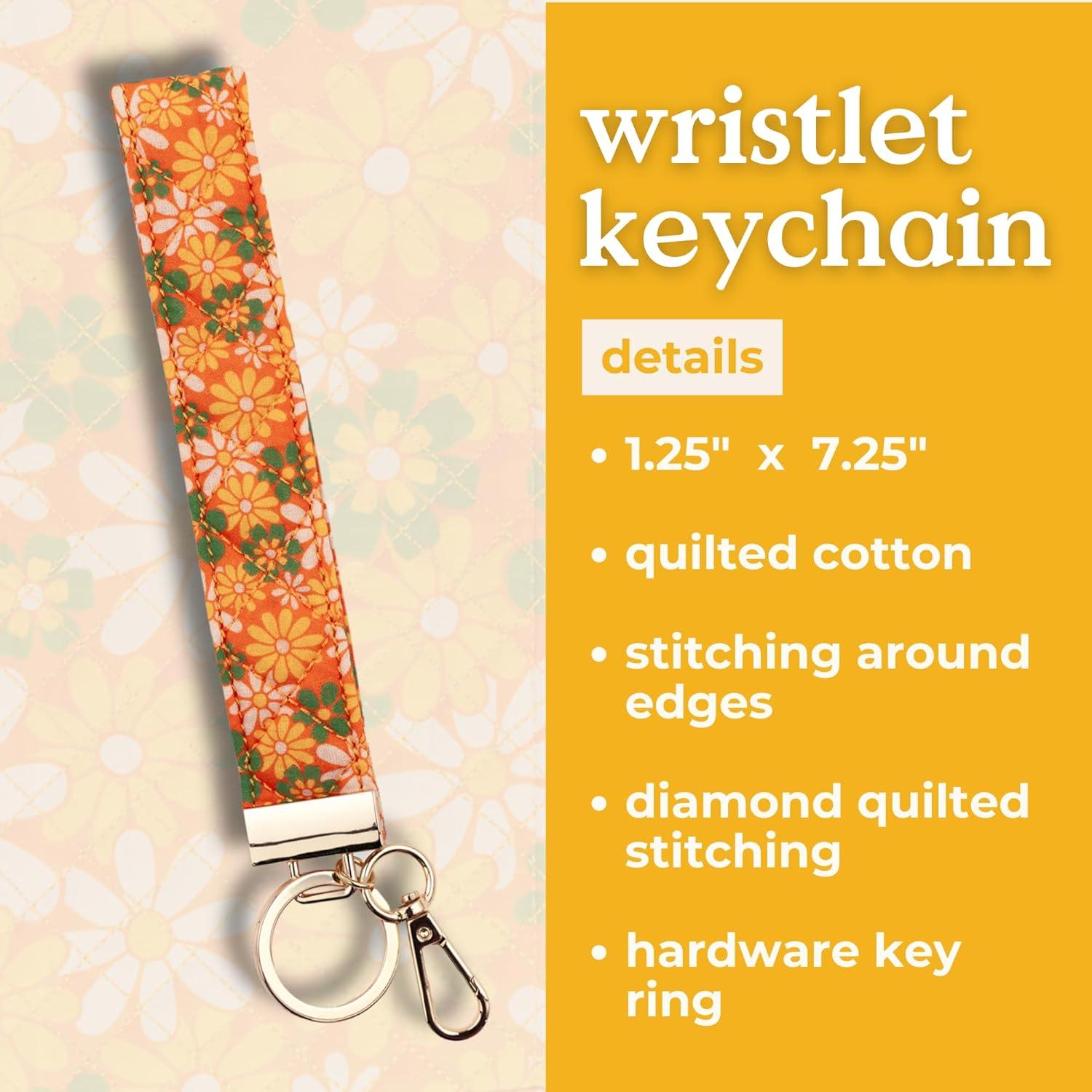 imagebando Diamond Quilted Cotton Wristlet Keychain with Gold Hardware and Keyring Retro Floral