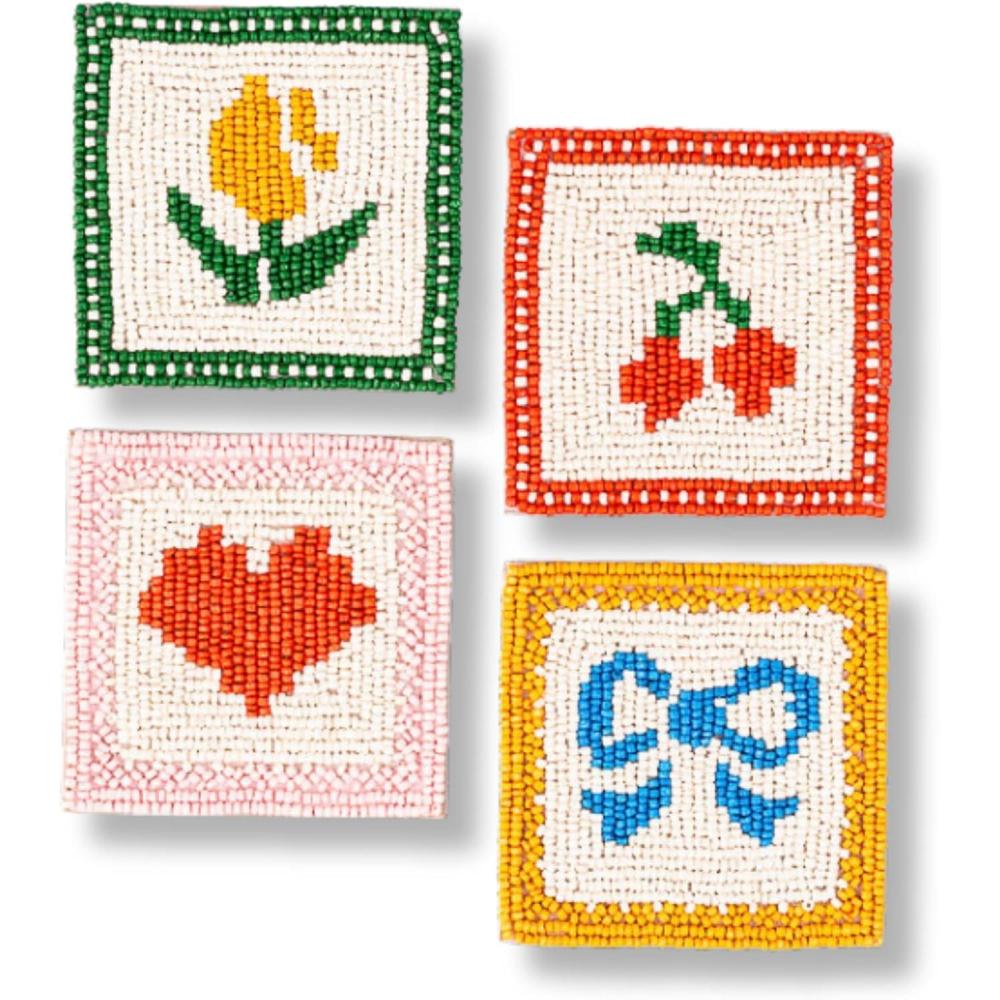 imagebando Beaded Coaster Set of 4 ColorfulFunkyUnique Coffee Table Decor QuiltQuilt