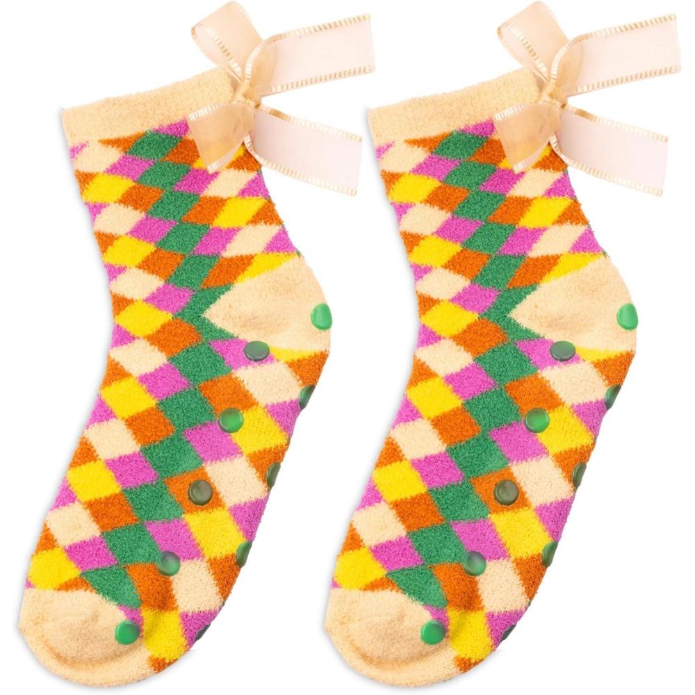 imagebando Non Slip Socks Fuzzy Socks for Women Size 610 Crew Socks with Grippers Checkered