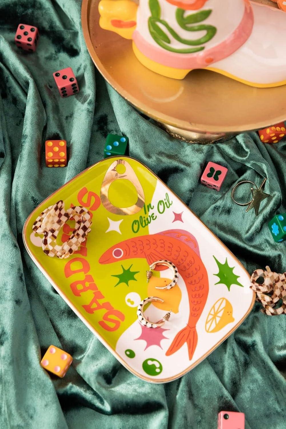 imagebando Novelty Trinket Tray Ceramic Jewelry Dish Small Decorative Tray for Keys or Decor Cute Catchall Tray Sardines