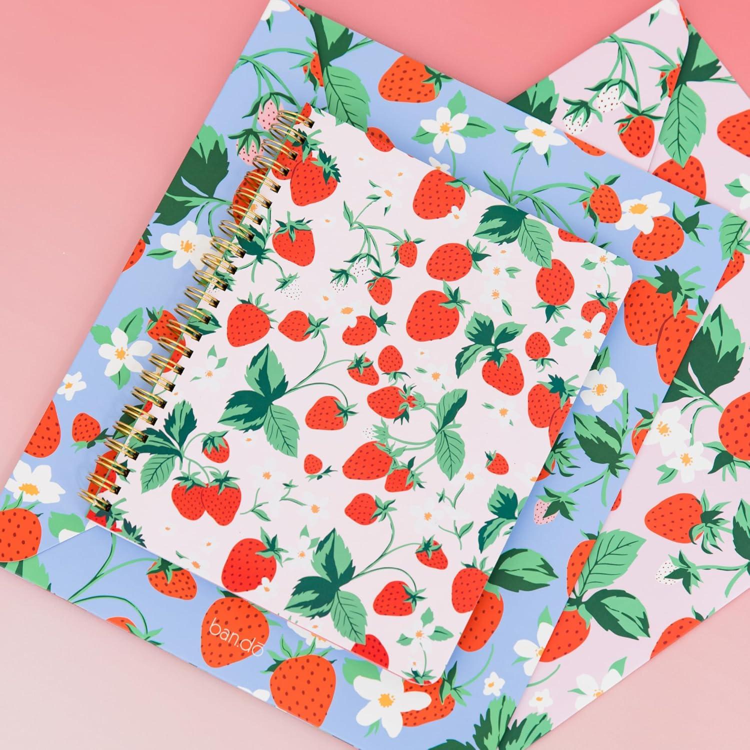 imagebando Rough Draft Mini Spiral Fruit Patterned Notebook 85quot x 675quot Journal with Pockets and 160 Lined Pages Flowers and FruitStrawberry Fields