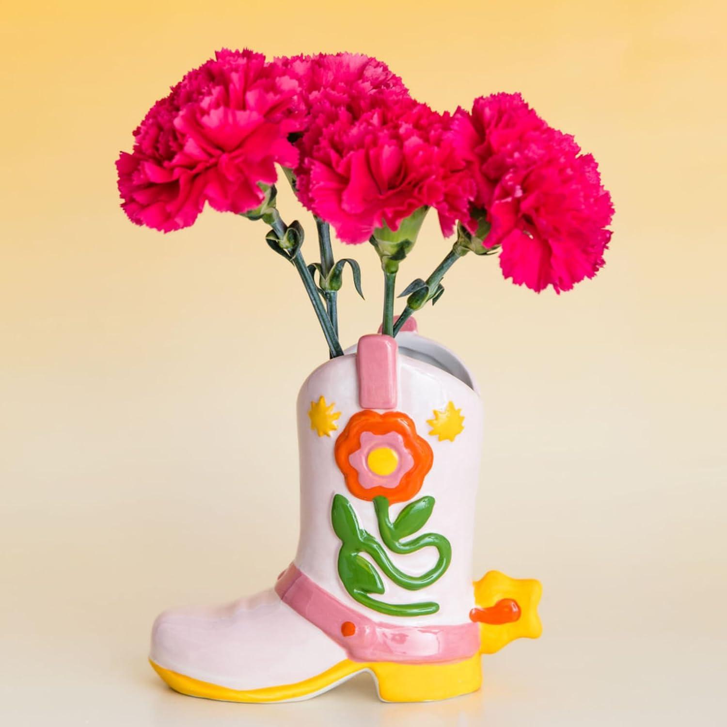 imagebando Small Cowboy Boot Vase Cute Cowgirl Boot Vase Colorful Ceramic Shelf Decor for Home or Office UniqueQuirkyFunkyFun Flower Doubles as Pencil Cup Giddy Up
