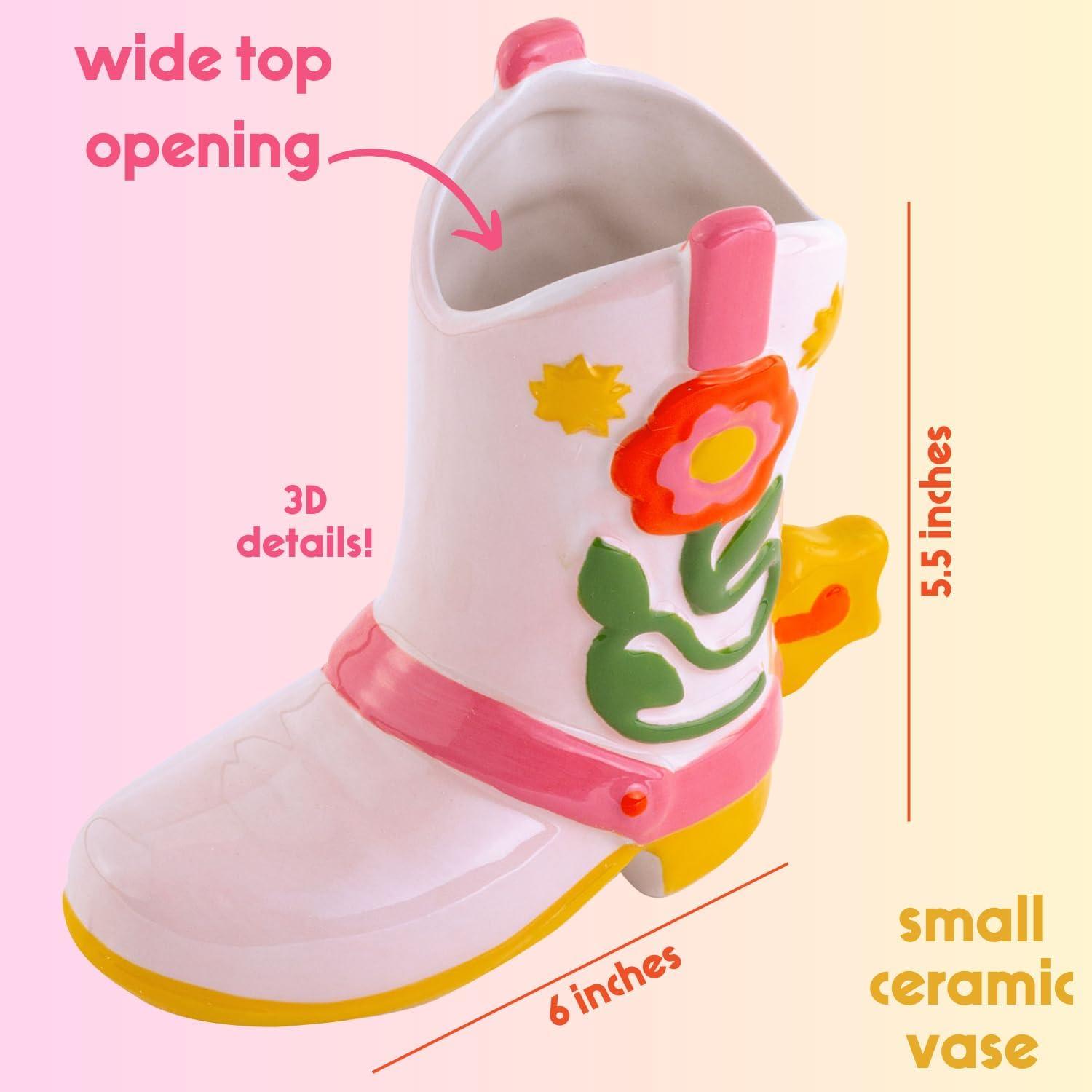 imagebando Small Cowboy Boot Vase Cute Cowgirl Boot Vase Colorful Ceramic Shelf Decor for Home or Office UniqueQuirkyFunkyFun Flower Doubles as Pencil Cup Giddy Up