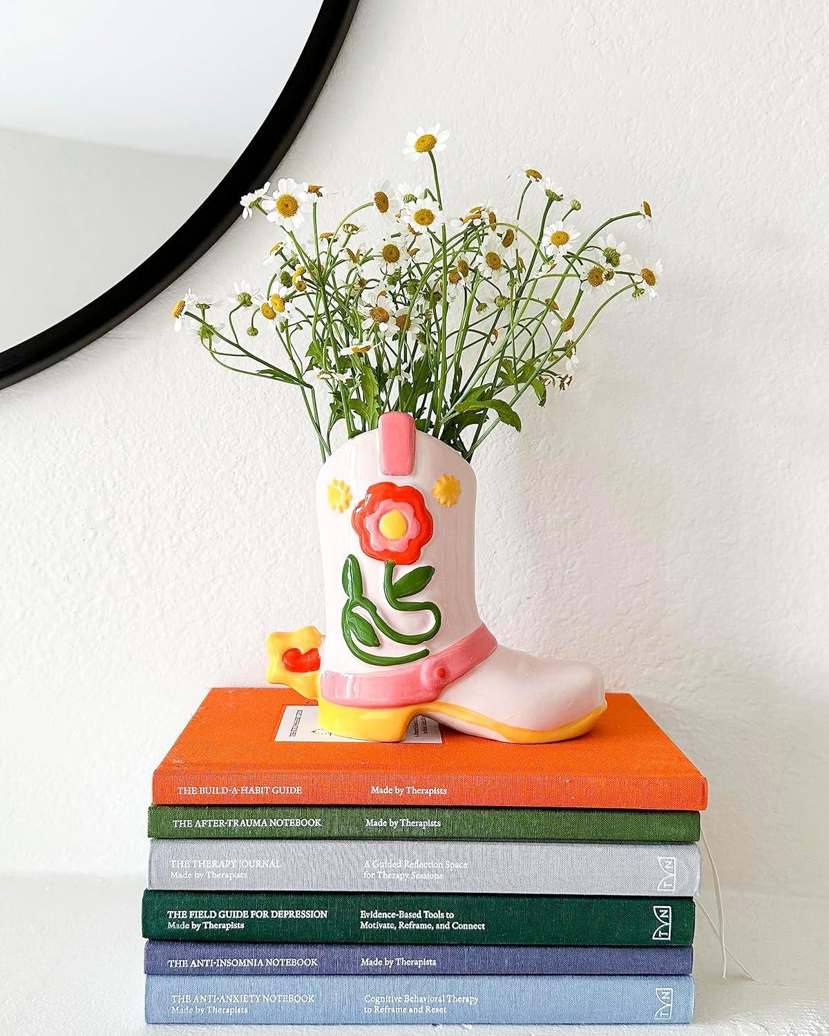 imagebando Small Cowboy Boot Vase Cute Cowgirl Boot Vase Colorful Ceramic Shelf Decor for Home or Office UniqueQuirkyFunkyFun Flower Doubles as Pencil Cup Giddy Up