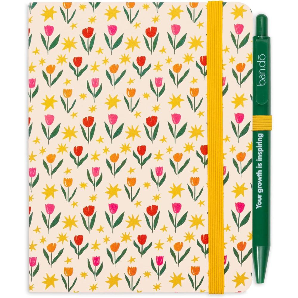 imagebando Cute Mini 55quot x 475quot Notebook Dot Grid Journal with Black Ink Pen Tulips on Cream