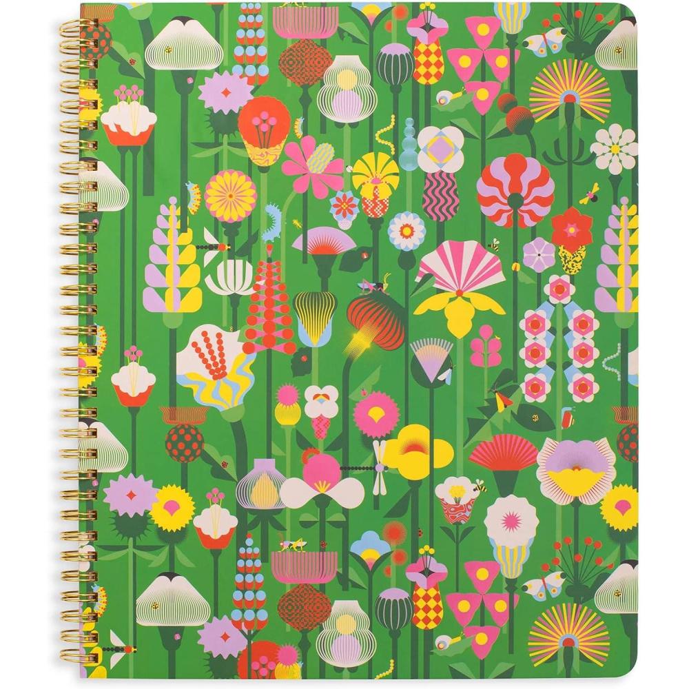 imagebando Floral Rough Draft Large Spiral Notebook 11quot x 9quot with Pockets and 160 College Ruled Pages Strawberry FieldsGeometric Flowers green