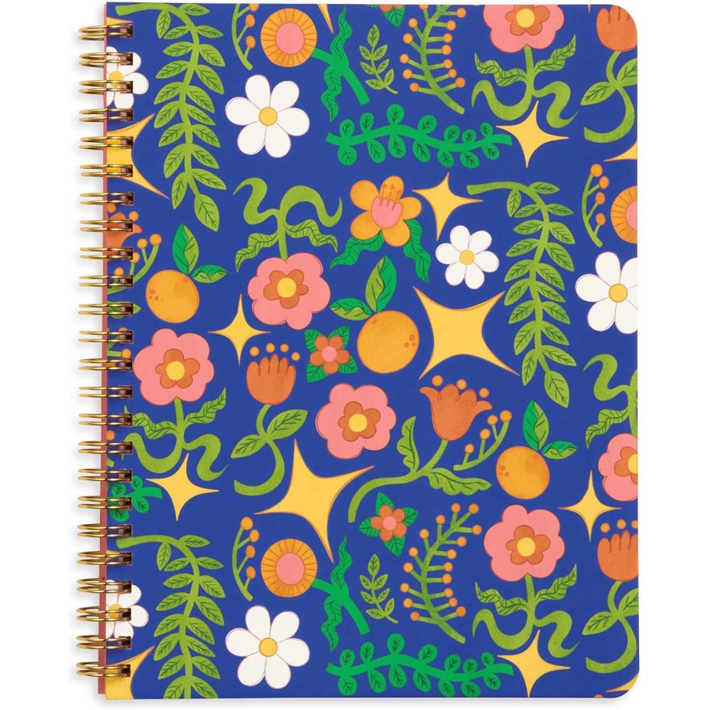 imagebando Rough Draft Mini Spiral Fruit Patterned Notebook 85quot x 675quot Journal with Pockets and 160 Lined Pages Flowers and FruitNavy Star Floral