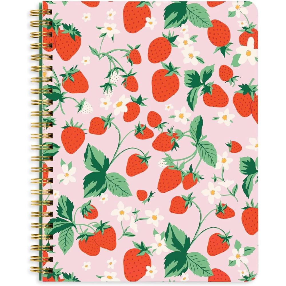 imagebando Rough Draft Mini Spiral Fruit Patterned Notebook 85quot x 675quot Journal with Pockets and 160 Lined Pages Flowers and FruitStrawberry Fields