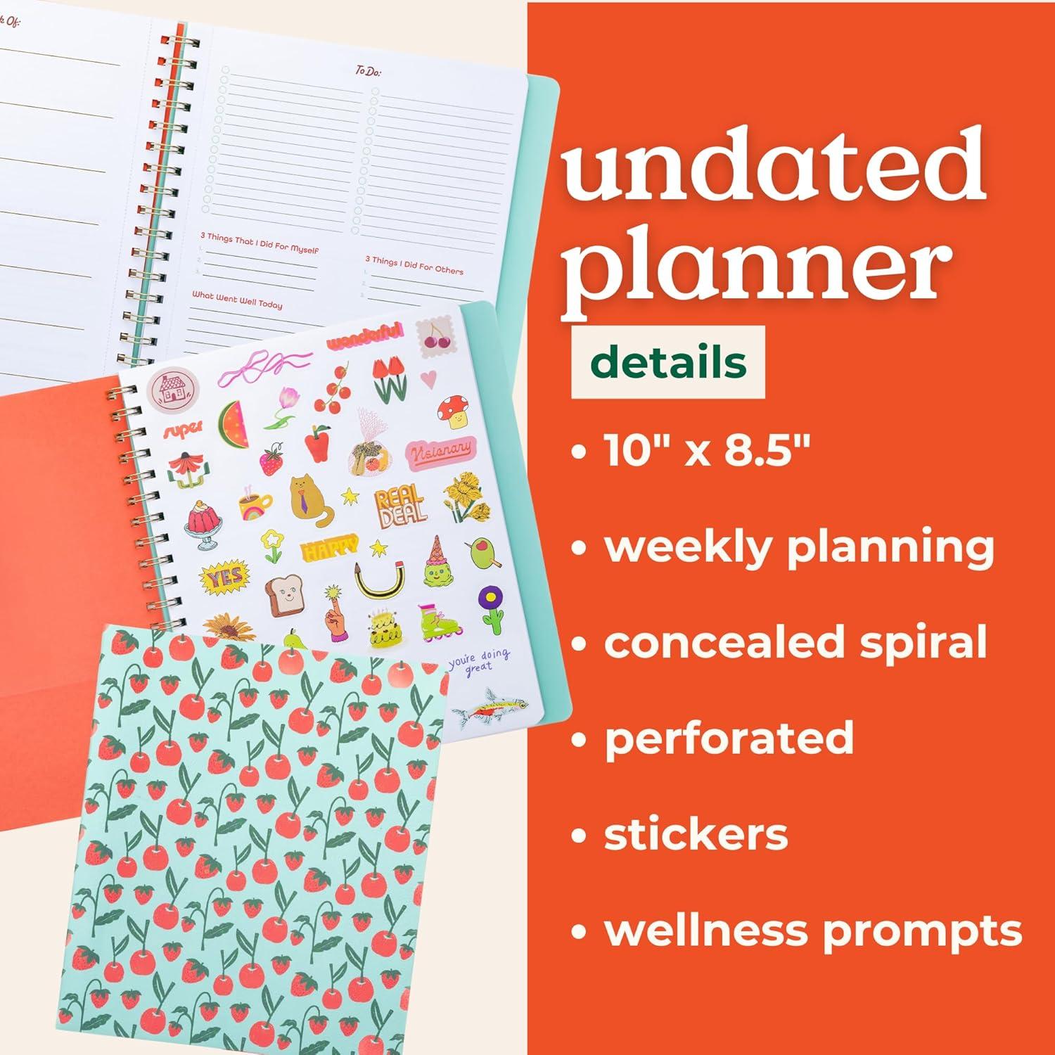 imagebando Undated Weekly Planner Concealed Spiral Notebook with Stickers ToDo Lists Guided Wellness Journal Daily Organizer for School or Office Cherries and Strawberries Teal