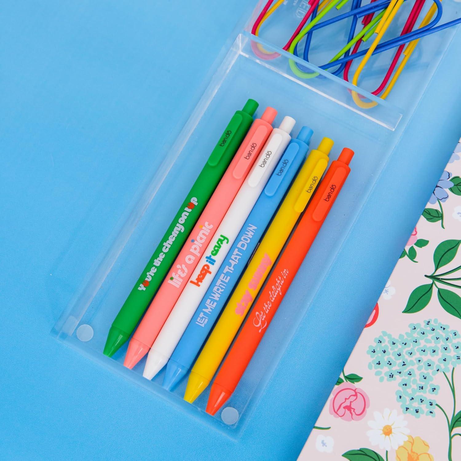 imagebando Write On Rainbow Colored Gel Pen Set of 6 Plastic Click Pens with NonToxic Colorful Ink and Pocket Clips Assorted Color Quotes