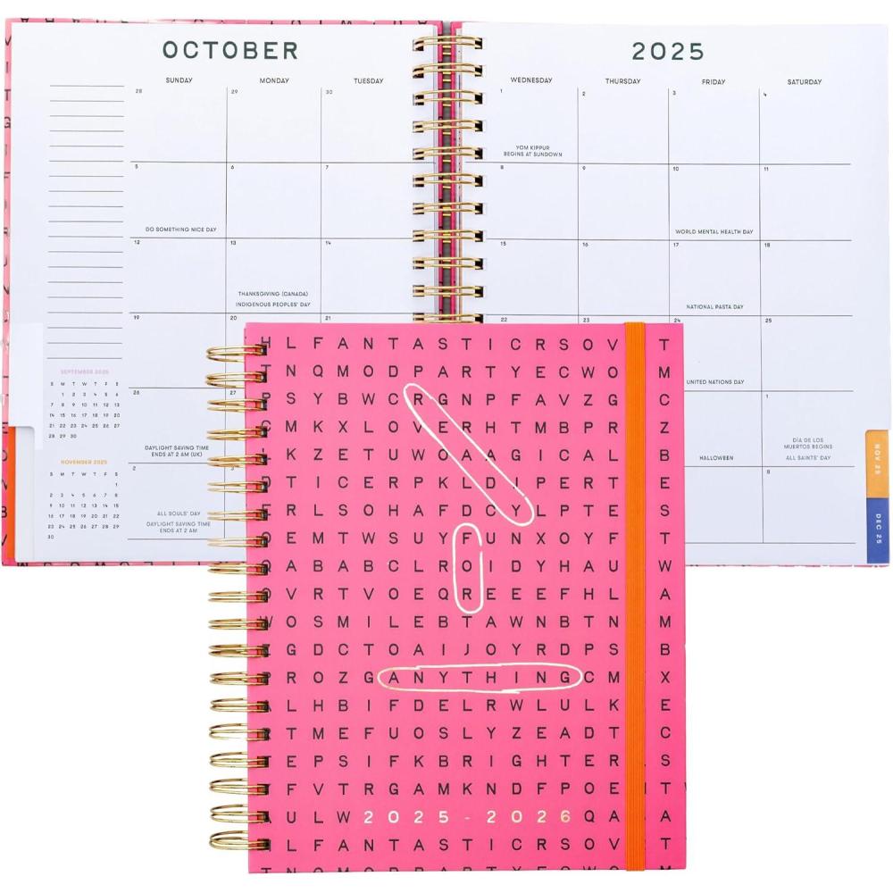 imagebando 17Month Large Daily and Weekly Planner Dated August 2025 December 2026 Hard Cover Self Care Journal Spiral Agenda with Monthly Calendar Stickers Art ampamp Bonus Pages Ivory FloralWord Search