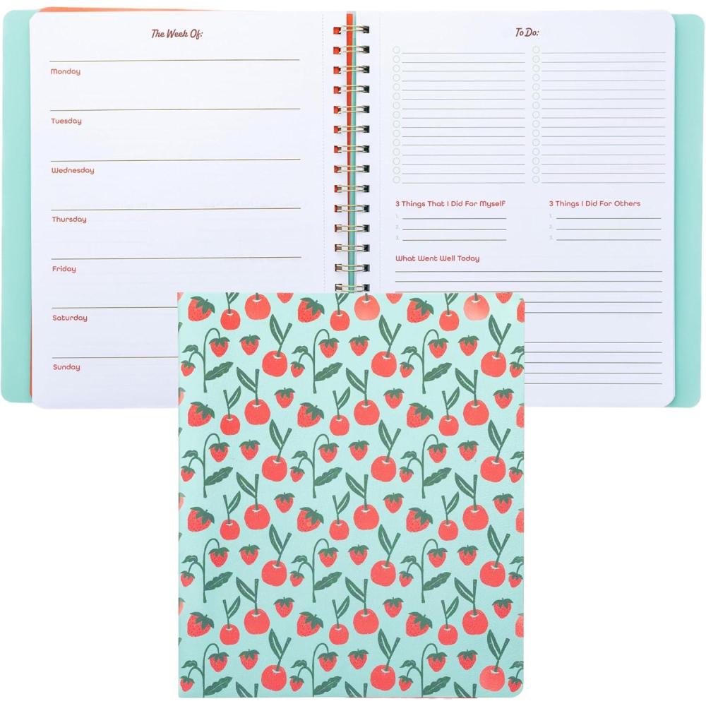 imagebando Undated Weekly Planner Concealed Spiral Notebook with Stickers ToDo Lists Guided Wellness Journal Daily Organizer for School or Office Cherries and Strawberries Teal