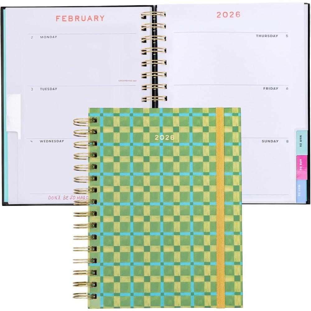 imagebando 12Month Medium Daily and Weekly Planner Dated January 2026 December 2026 Hard Cover Self Care Journal Spiral Agenda with Monthly Calendar Stickers Art ampamp Bonus Pages Green PlaidGreen Plaid