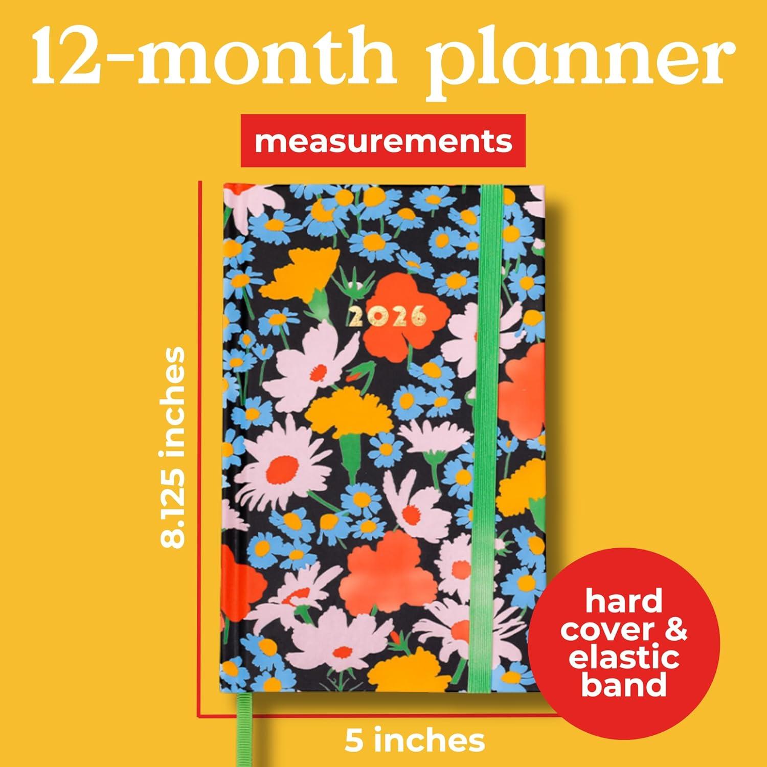 imagebando 12Month Classic Daily and Weekly Planner Dated January 2026 December 2026 Hard Cover Self Care Journal Bound Agenda with Monthly Calendar Stickers Art ampamp Bonus Pages Black Floral