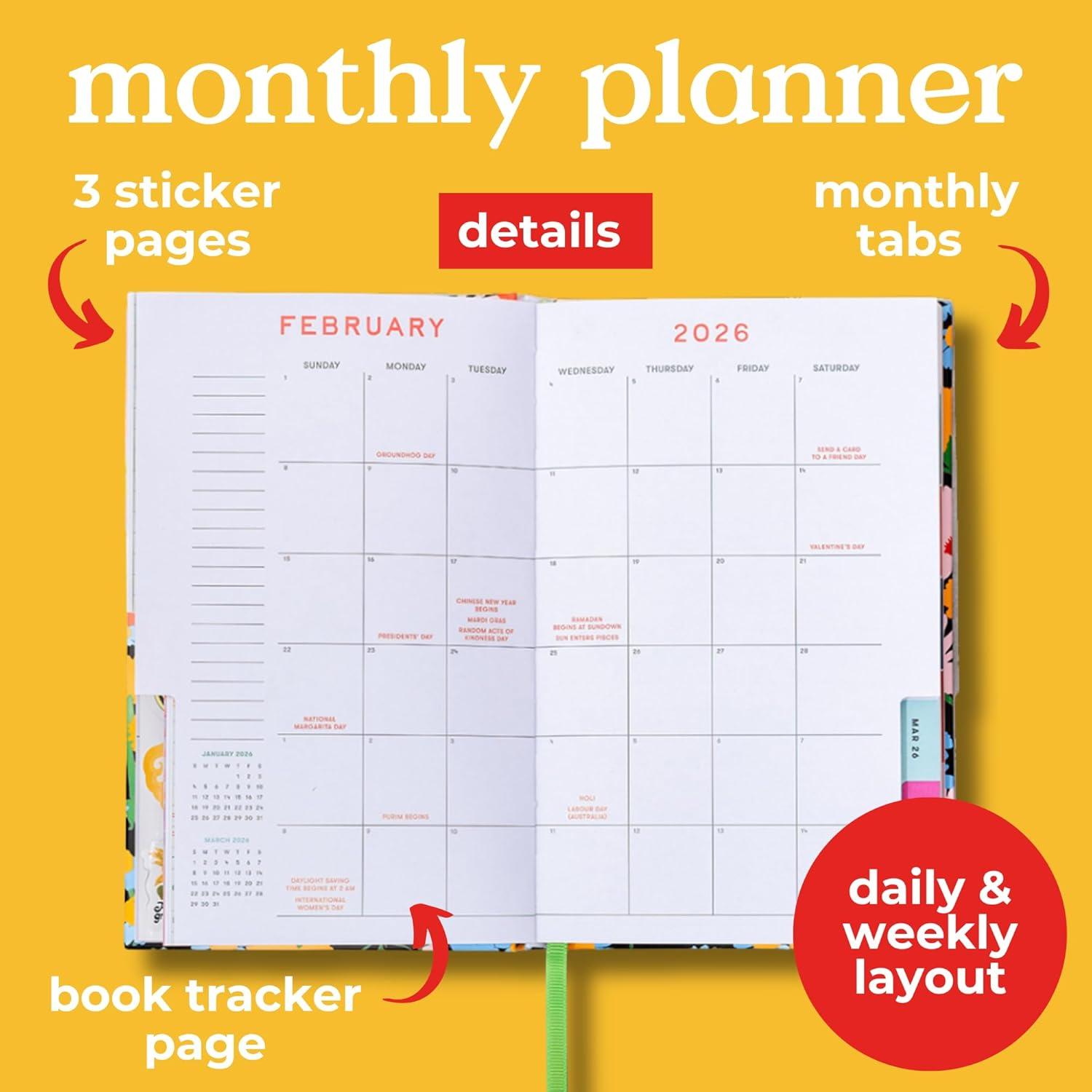 imagebando 12Month Classic Daily and Weekly Planner Dated January 2026 December 2026 Hard Cover Self Care Journal Bound Agenda with Monthly Calendar Stickers Art ampamp Bonus Pages Black Floral