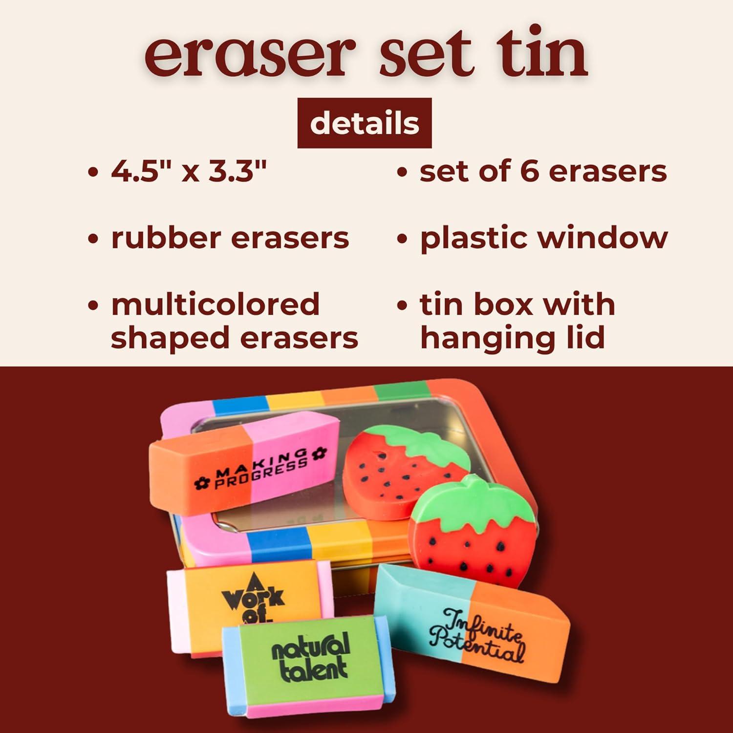 imagebando Novelty Eraser Set with Vintage Design Cute Erasers for WorkTeacherOffice 6 Pieces in Metal Tin Case 45 x 33 inches Infinite Potential