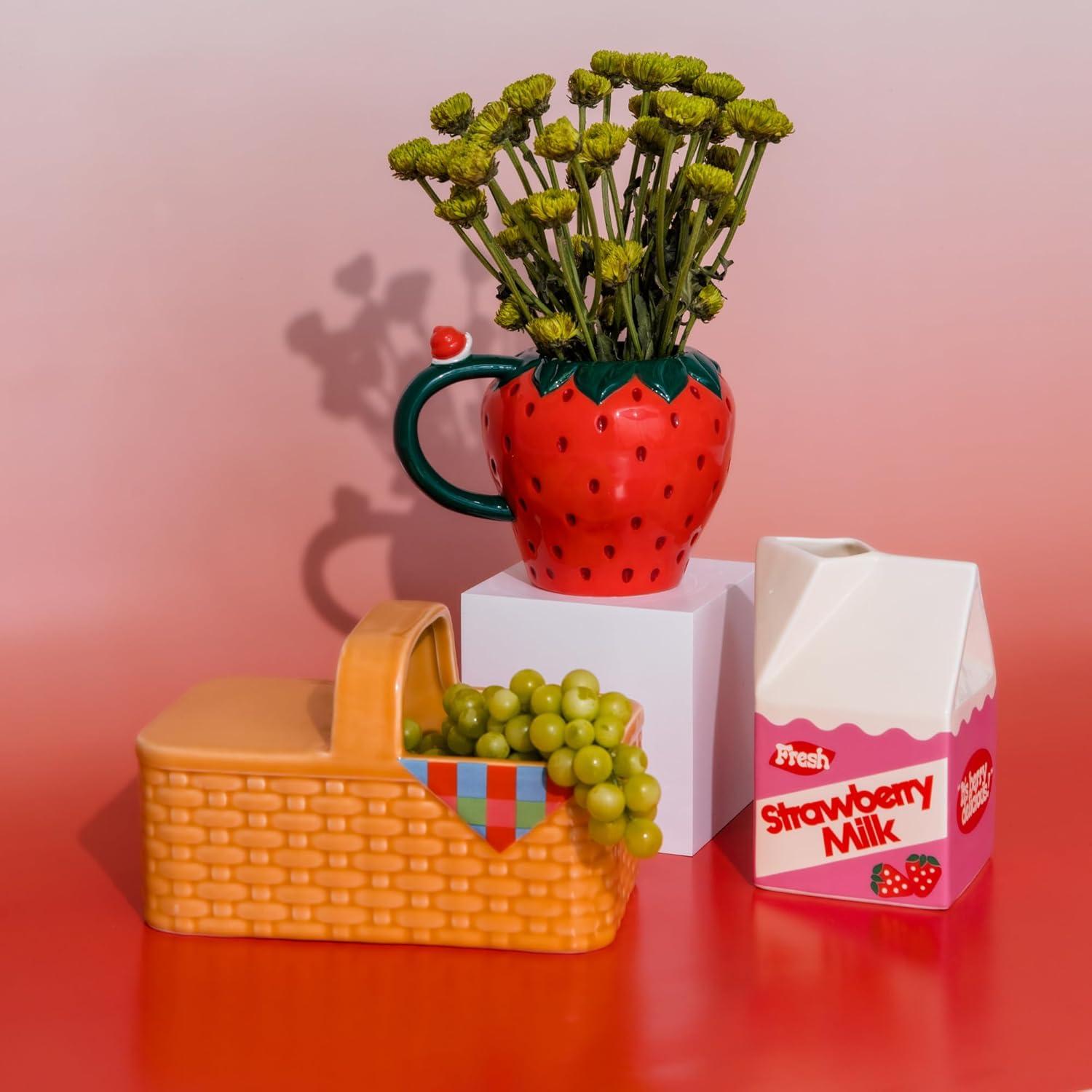 imagebando Vintage Carton Inspired Rise and Shine Decorative Mini Ceramic Vase Unique HomeKitchenOffice Accent Strawberry Milk