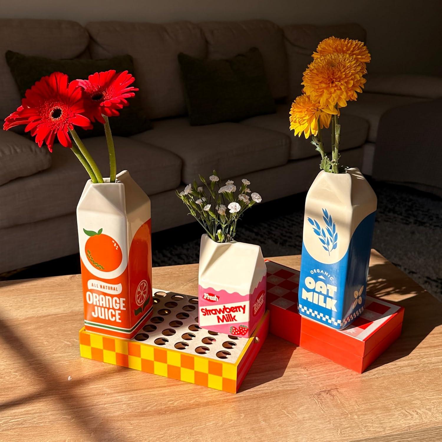 imagebando Vintage Carton Inspired Rise and Shine Decorative Mini Ceramic Vase Unique HomeKitchenOffice Accent Strawberry Milk