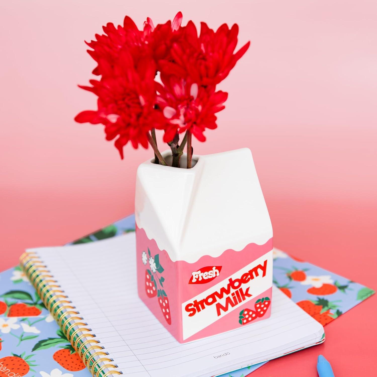 imagebando Vintage Carton Inspired Rise and Shine Decorative Mini Ceramic Vase Unique HomeKitchenOffice Accent Strawberry Milk