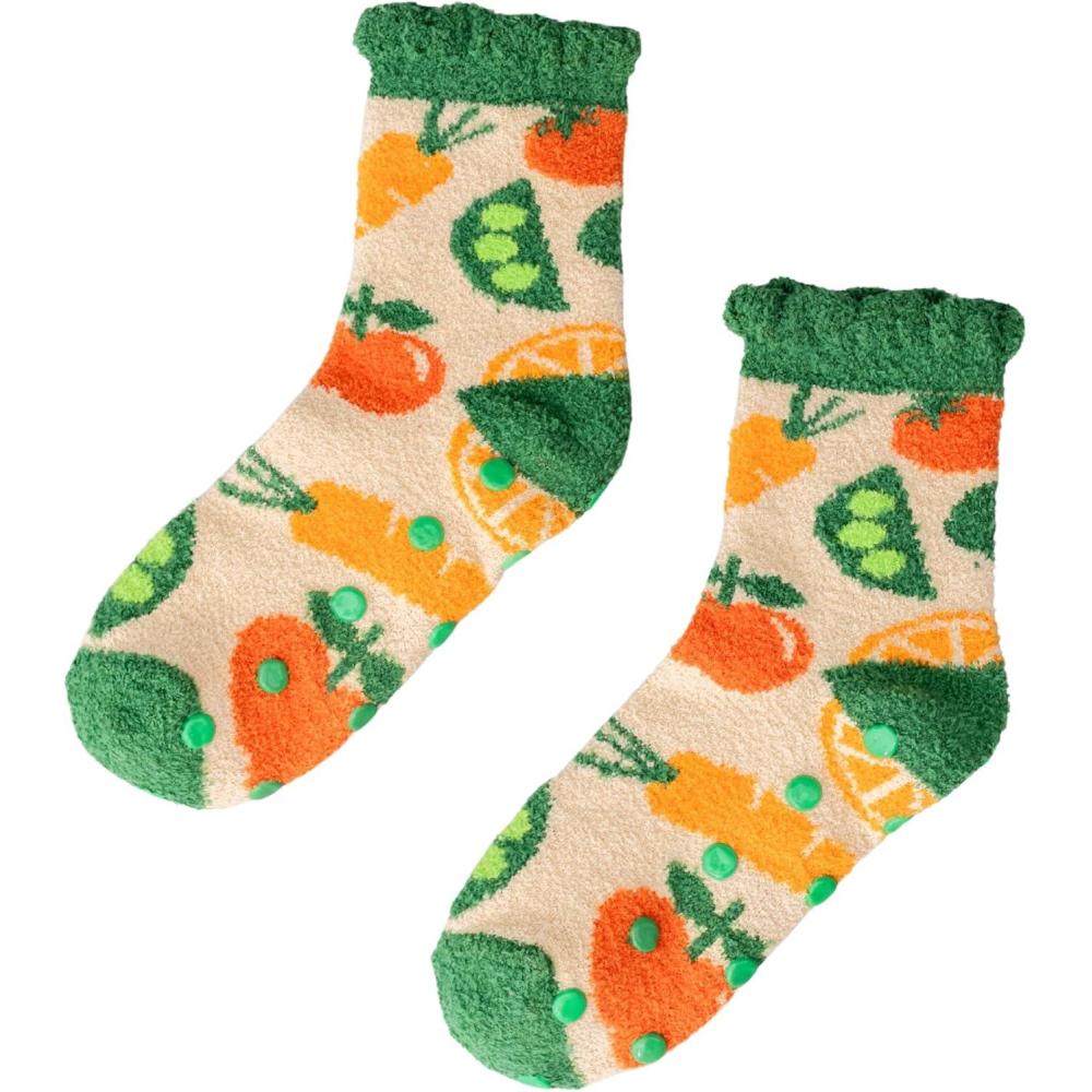 imagebando Non Slip Socks Fuzzy Socks for Women One Size Fits Most Crew Socks with Grippers Veggies