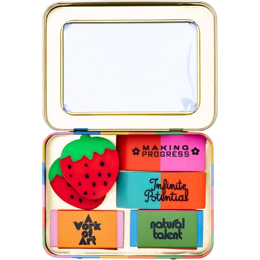 imagebando Novelty Eraser Set with Vintage Design Cute Erasers for WorkTeacherOffice 6 Pieces in Metal Tin Case 45 x 33 inches Infinite Potential