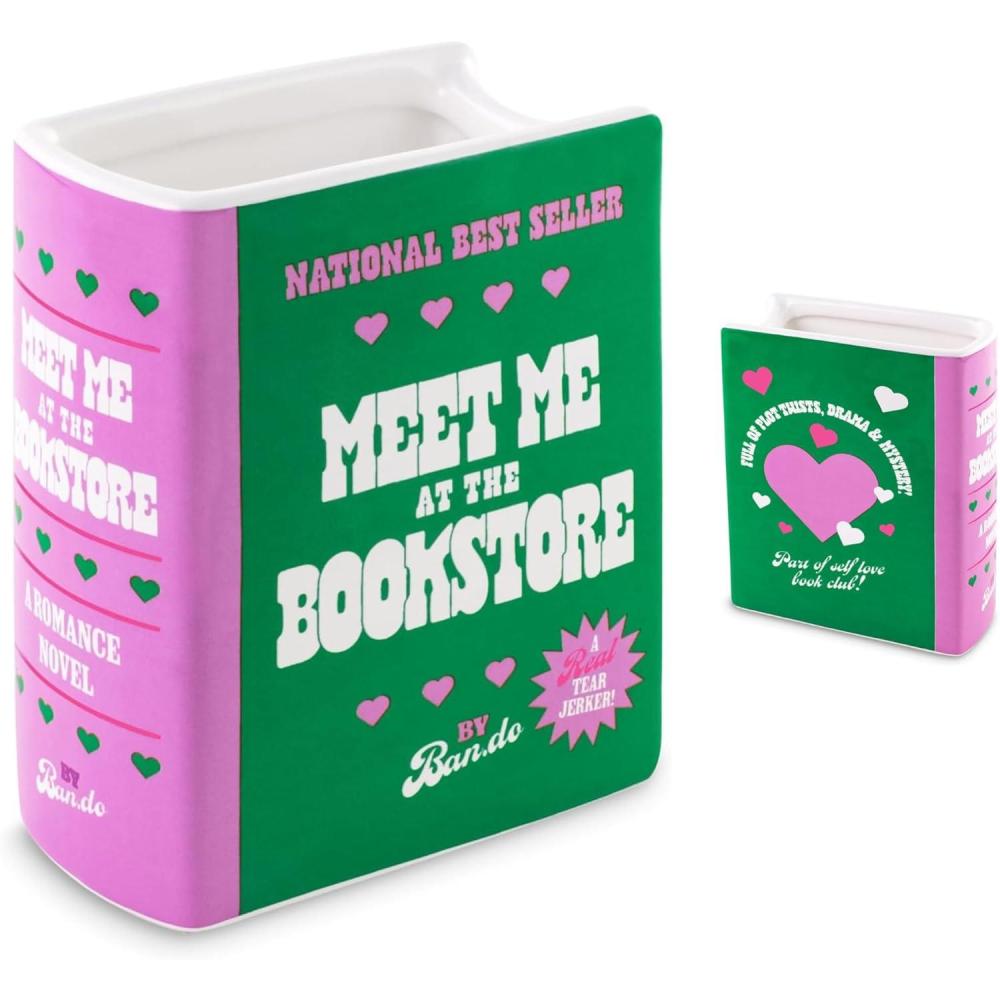 imagebando Small Decorative Book Shaped Vase Colorful Ceramic Vase Shelf Decor for Home or Office Meet Me at The Bookstore