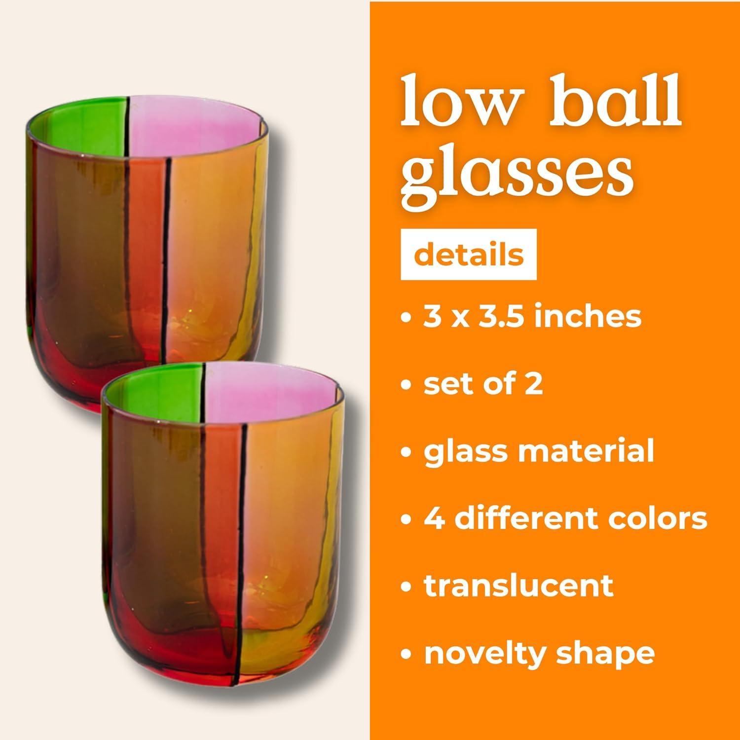 imagebando Bar Glass Set of 2 10 oz Cute Low Ball Glasses for Adults Unique Drinking Glasses Aesthetic Glassware for Bar Cart Colorblock