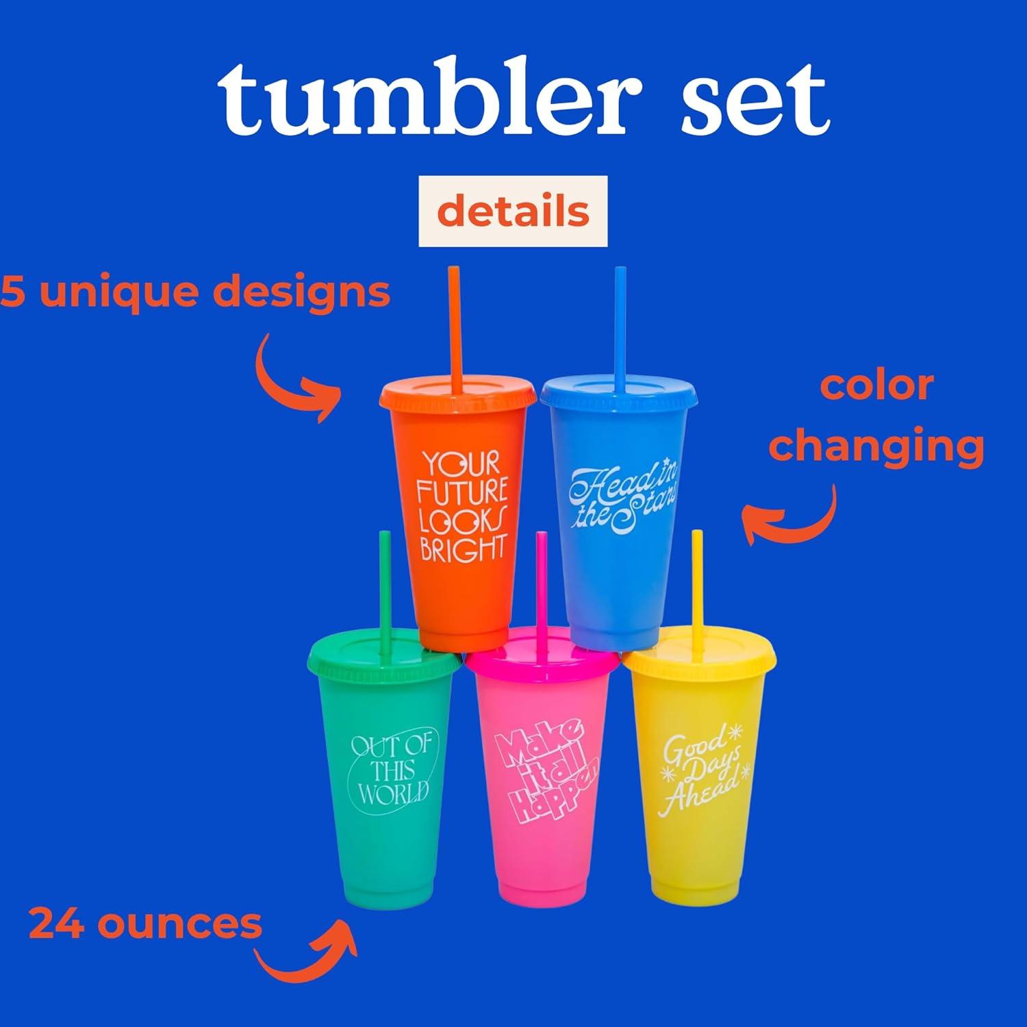 imagebando Color Changing Cups with Straws Set of 5 24 oz Travel Tumblers with Lids and Straws Colorblock