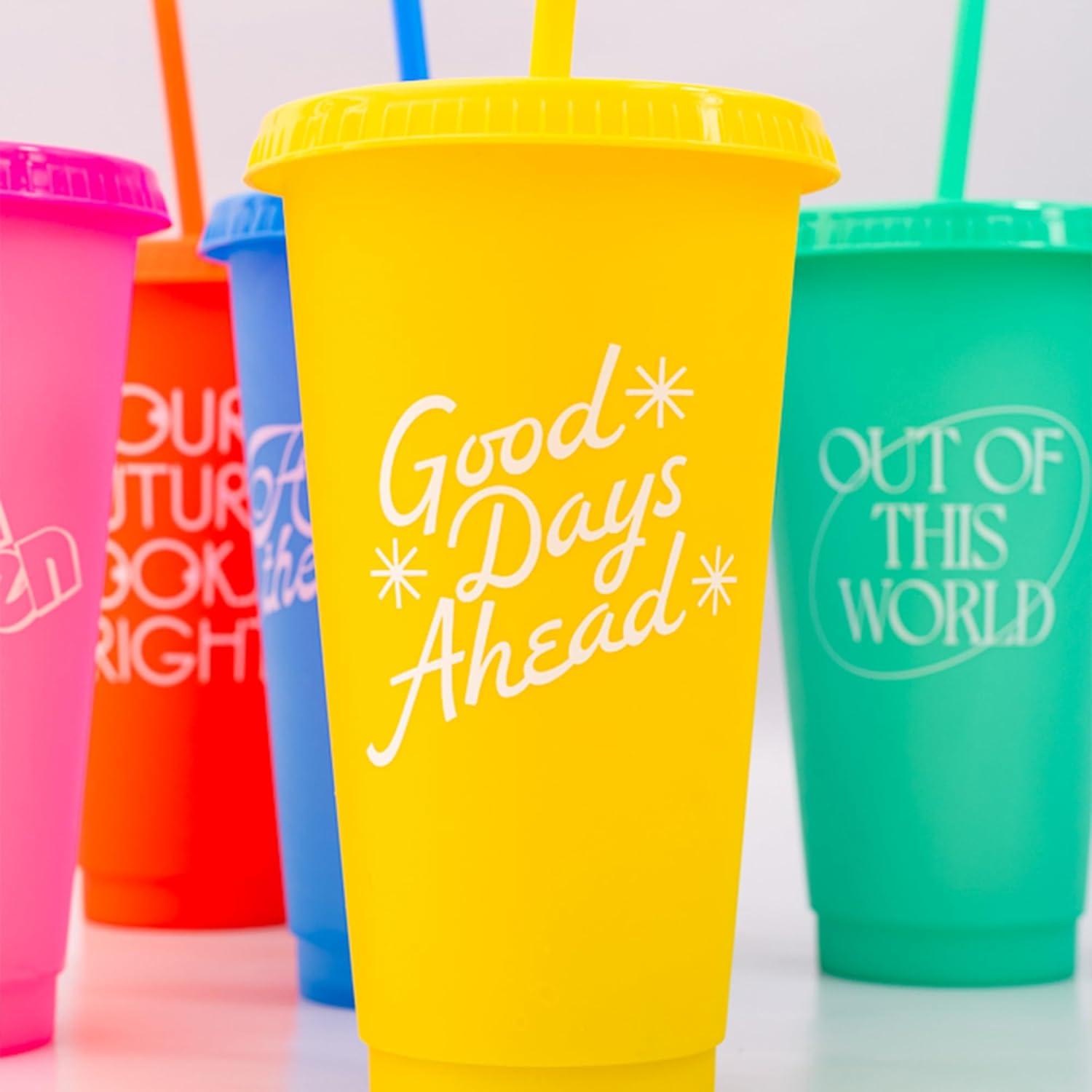 imagebando Color Changing Cups with Straws Set of 5 24 oz Travel Tumblers with Lids and Straws Colorblock