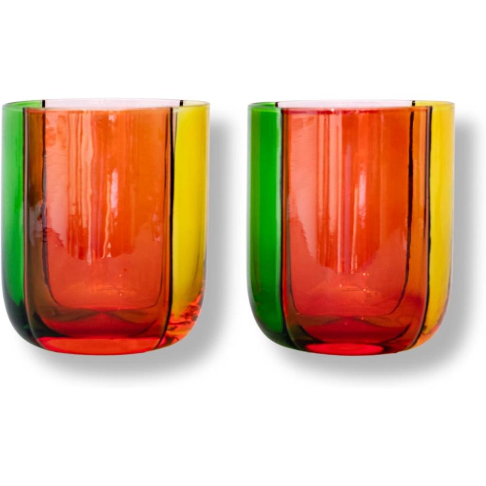 imagebando Bar Glass Set of 2 10 oz Cute Low Ball Glasses for Adults Unique Drinking Glasses Aesthetic Glassware for Bar Cart Colorblock