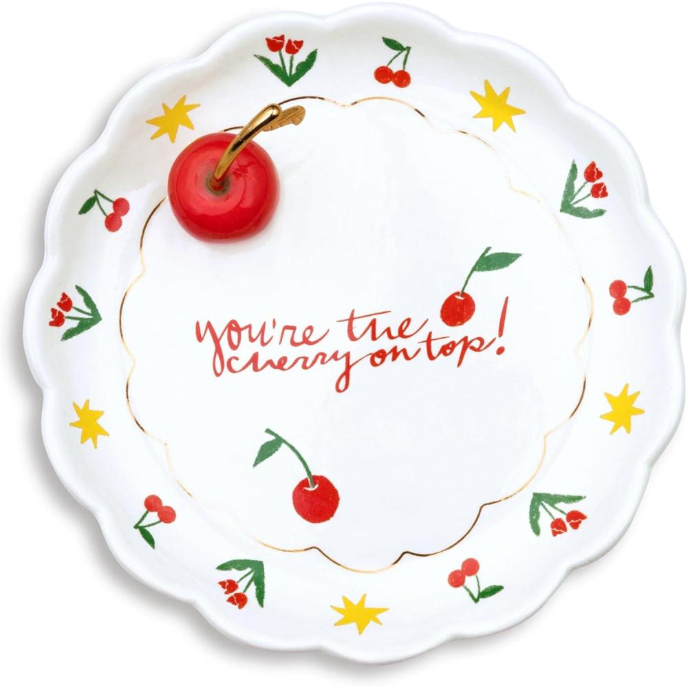 imagebando Novelty Trinket Tray Ceramic Jewelry Dish Small Decorative Bowl for Keys or Decor Cute Catchall Tray Cherry on Top