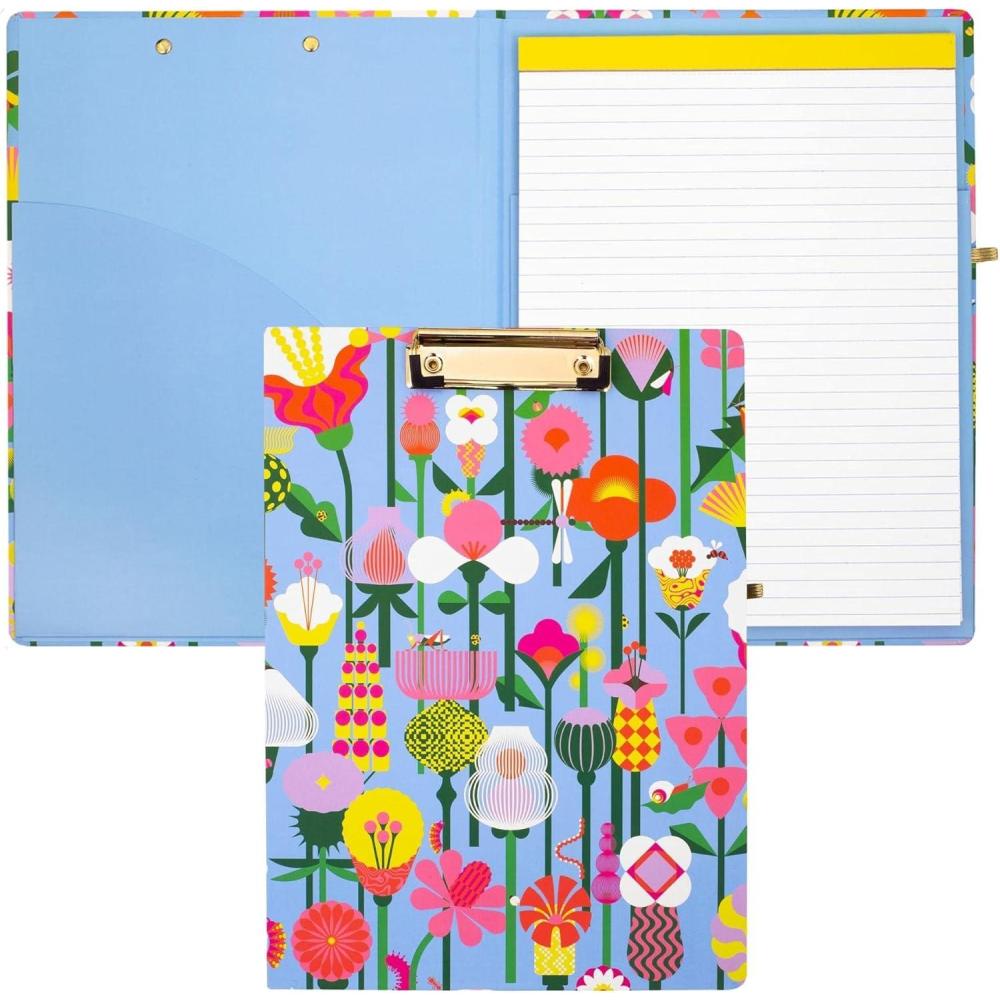 imagebando Blue Clipboard Folio with Lined Notepad Padfolio with Metal Clip Removable Writing Pad and Pen Holder Cute Padfolio Organizer for Office and Sports Geometric Flowers