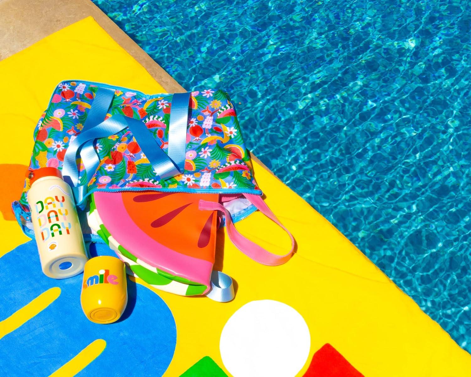 imagebando Foldable Beach Bag Large Tote Bag with Zipper Travel Tote Straps Hold Pool Towels Tutti Frutti