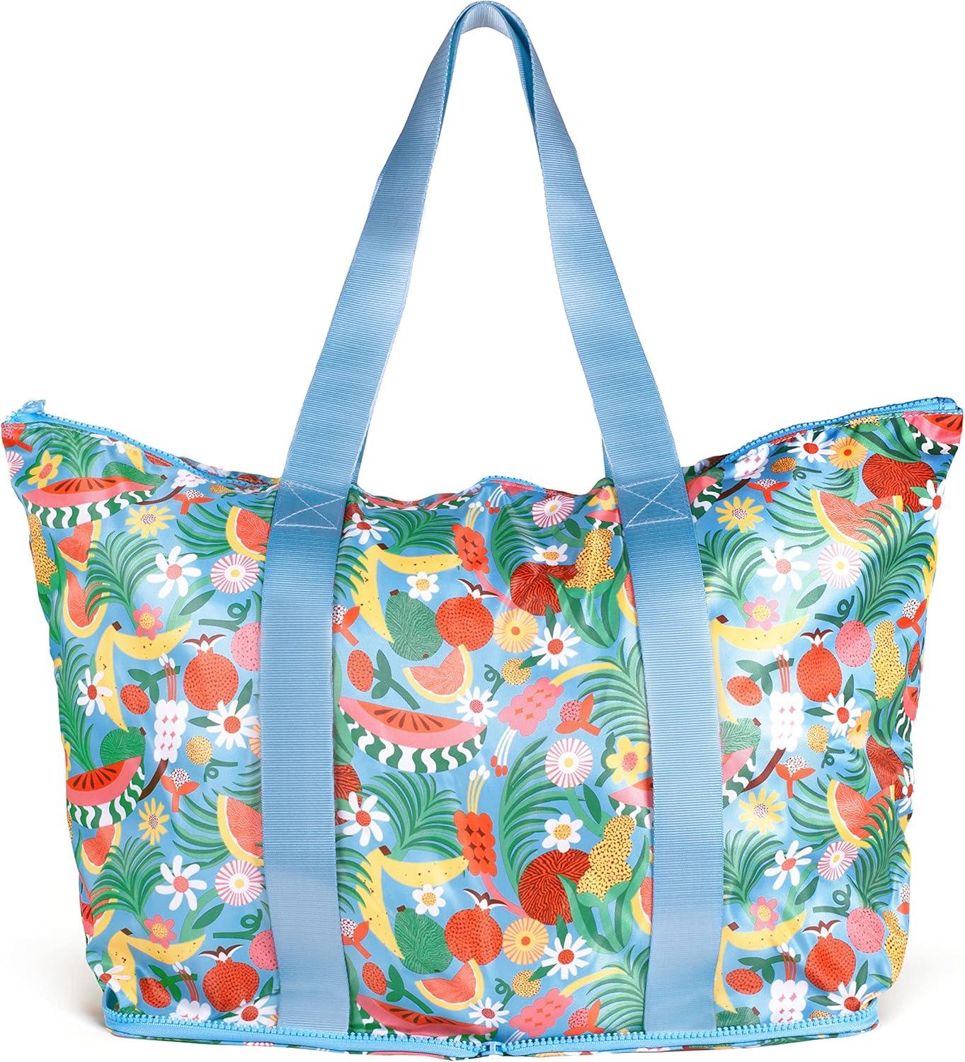 imagebando Foldable Beach Bag Large Tote Bag with Zipper Travel Tote Straps Hold Pool Towels Tutti Frutti