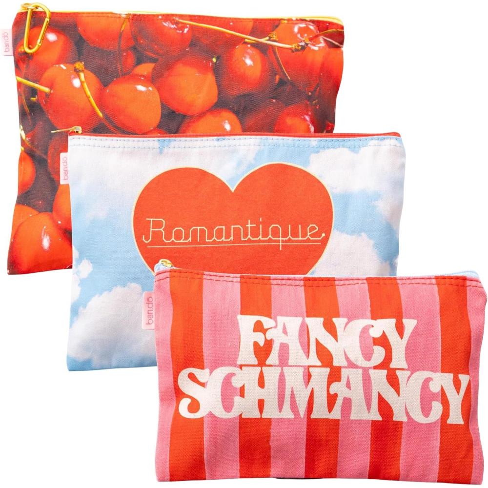 image:imagebando Travel Bags Carryall Trio Cotton Bag Set Zipper Pouch Set 3 Zip Pouches for Pencils Toiletries or Accessories Fancy Shmancy