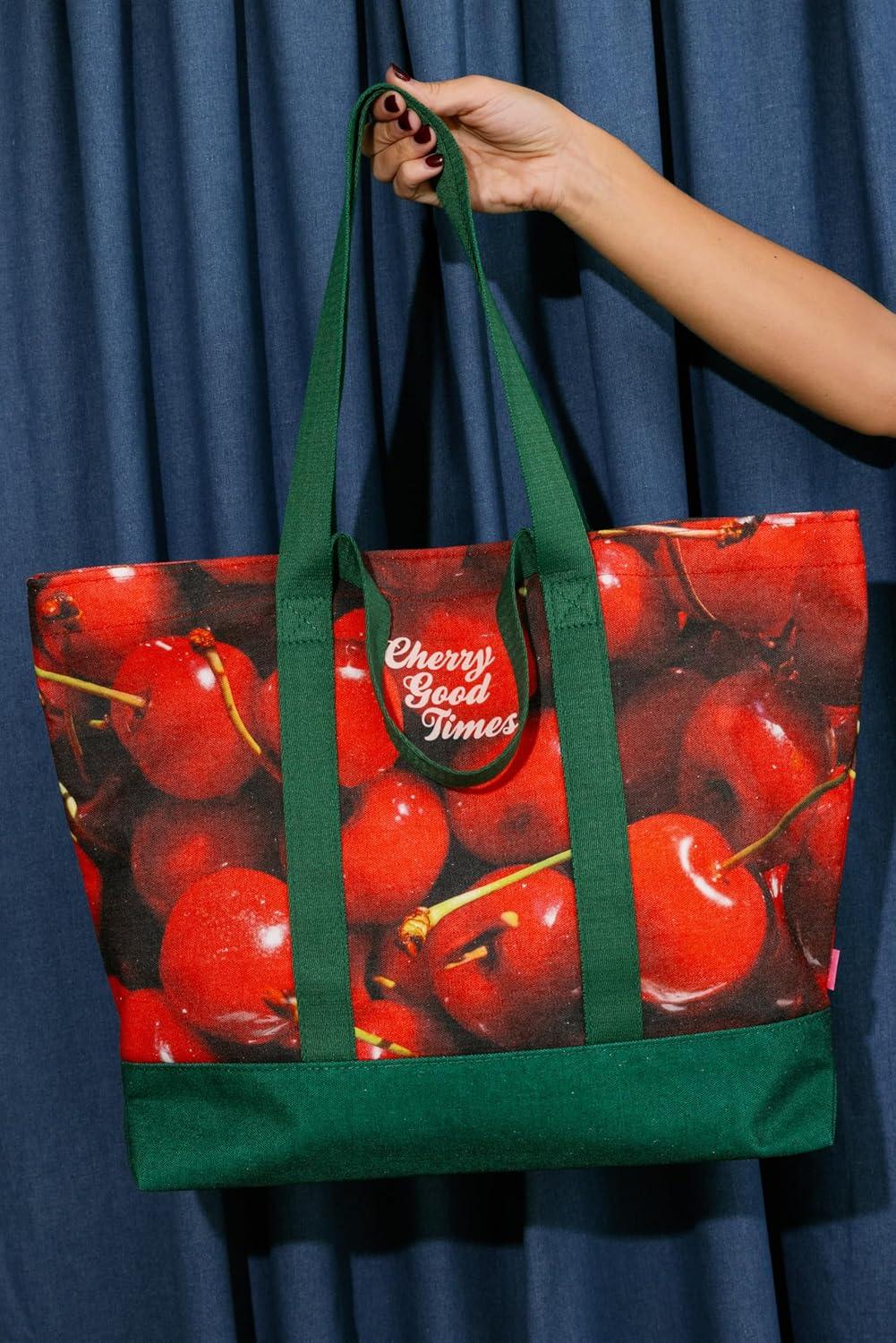image:imagebando Large Resuable Tote Bag for Grocery ShoppingWork Photorealistic Fruit Produce Bag for Farmers Market with Pockets and Button Cherries