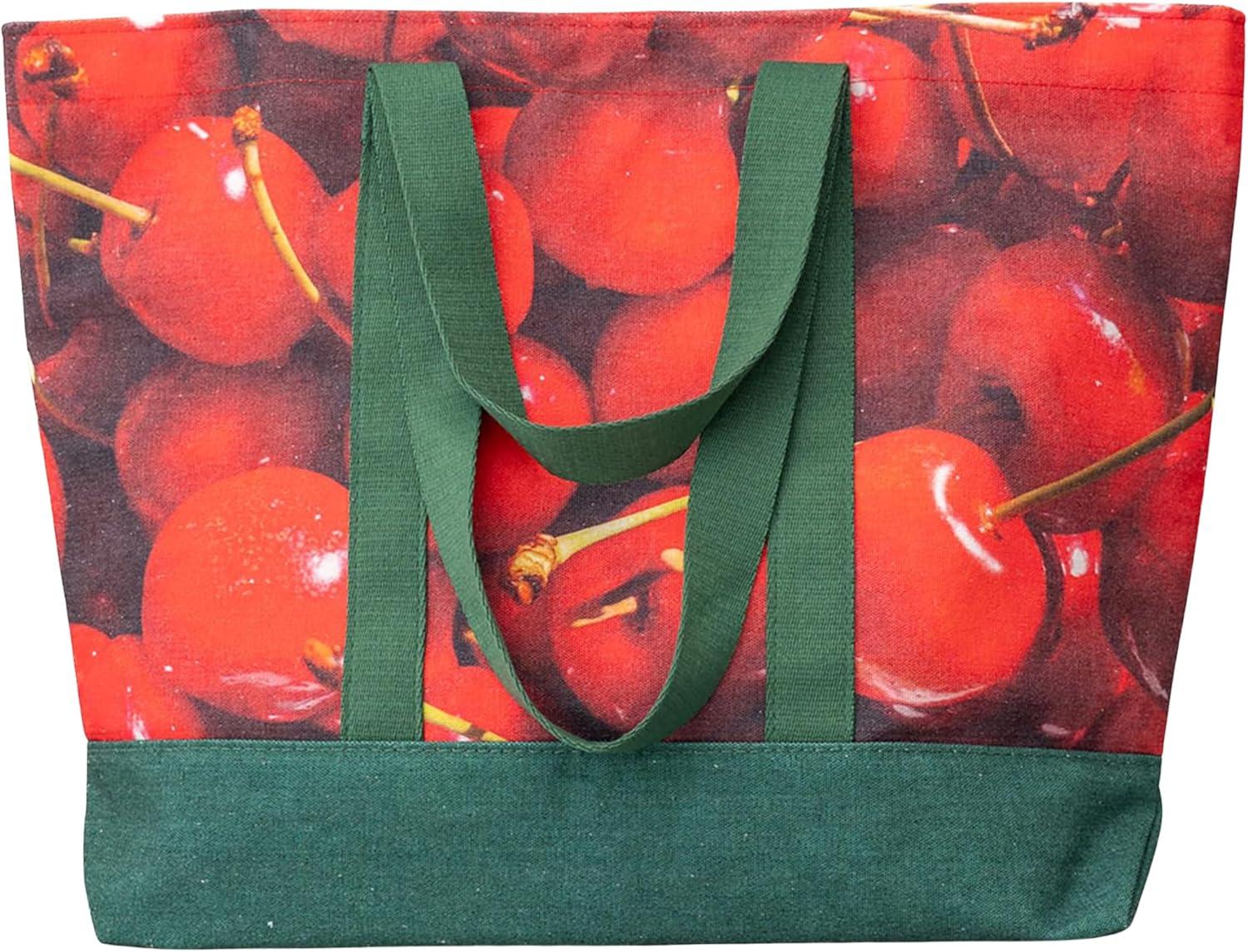 image:imagebando Large Resuable Tote Bag for Grocery ShoppingWork Photorealistic Fruit Produce Bag for Farmers Market with Pockets and Button Cherries