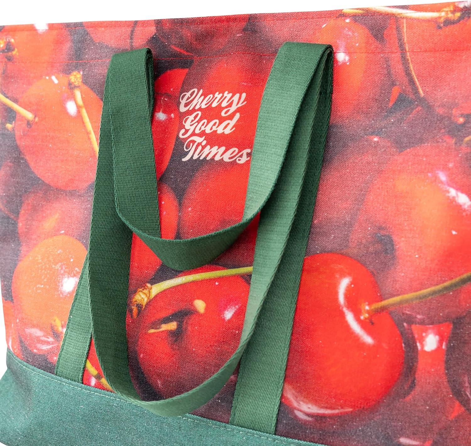 image:imagebando Large Resuable Tote Bag for Grocery ShoppingWork Photorealistic Fruit Produce Bag for Farmers Market with Pockets and Button Cherries