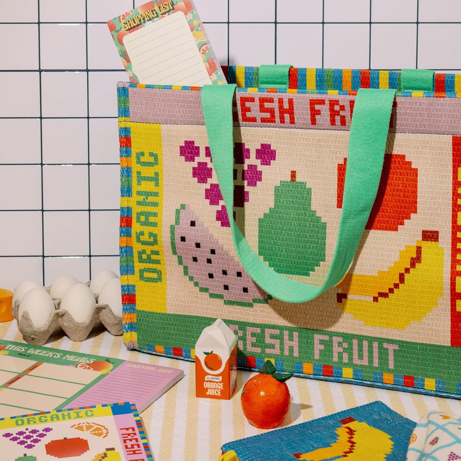 image:imagebando Rattan Market Bag with Handles for Groceries Colorful Straw PurseHandbag with Zipper Pocket for BeachPool Fruit Tiles